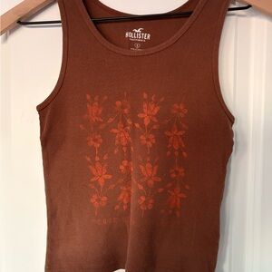Hollister Women's Ribbed Brown Tank Top with Floral Design
